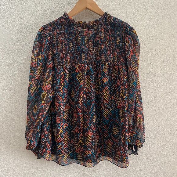 Willa Story Peasant Shirt Top Lined Large Smocked Multi-Color Blouse Casual - Picture 3 of 4